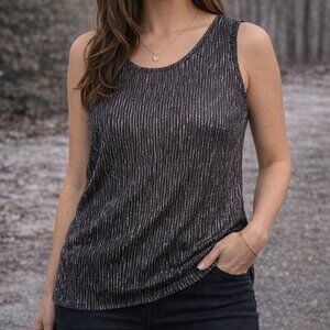 Fred David Metallic Ribbed Tank Top L Gray Silver Lurex Stretch Party Shimmer
